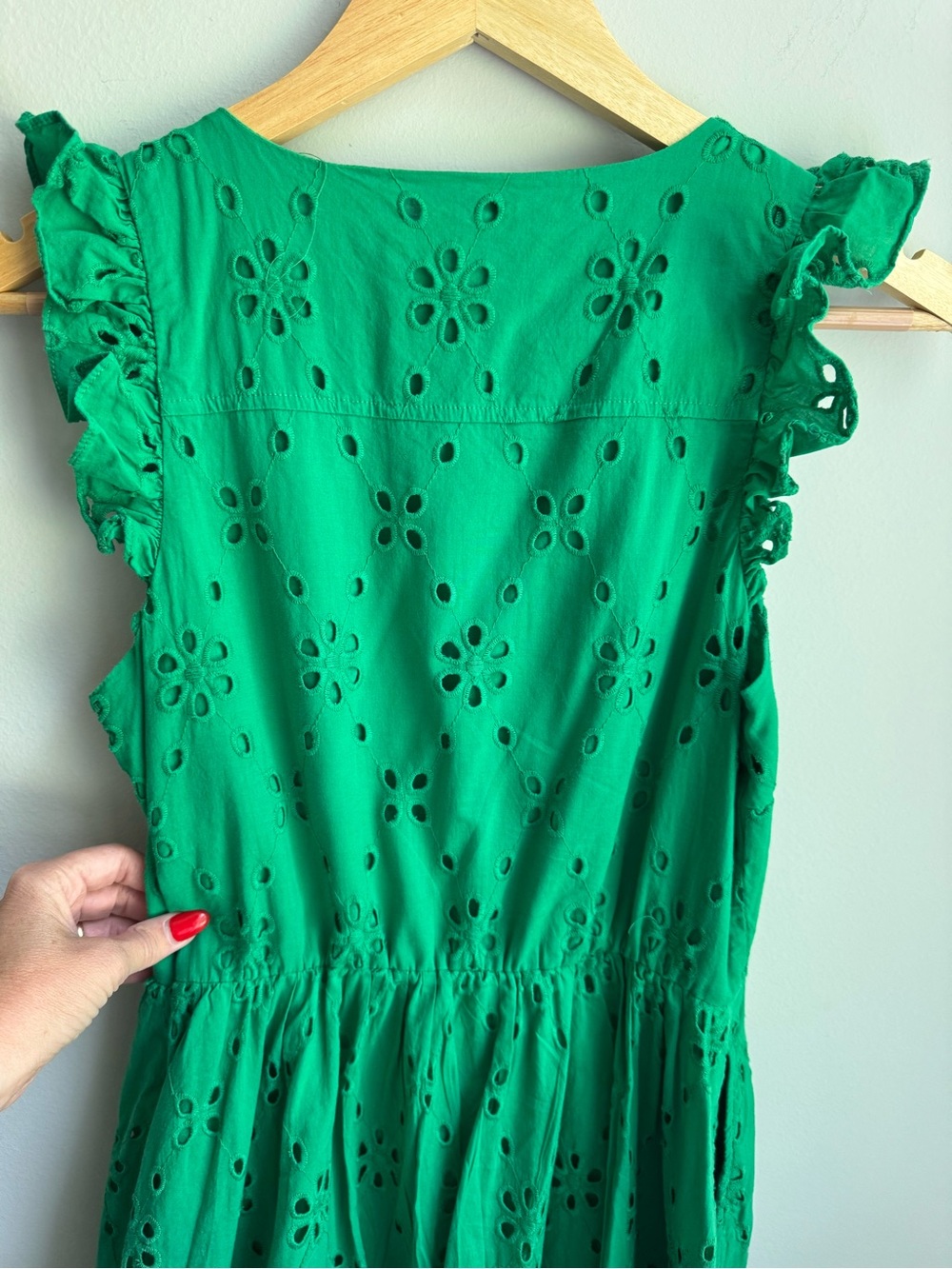 J. Crew Emerald Green Eyelet Midi Dress with Ruffle Sleeves Wedding Garden Party - Picture 10 of 10